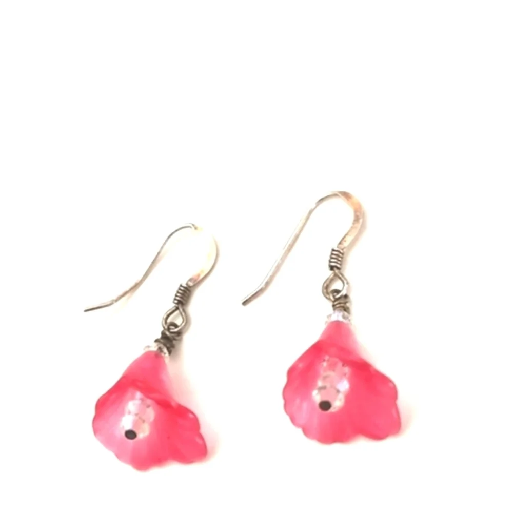 VINTAGE STERLING SILVER PINK FLORAL CRYSTAL DROP DANGLE 1
